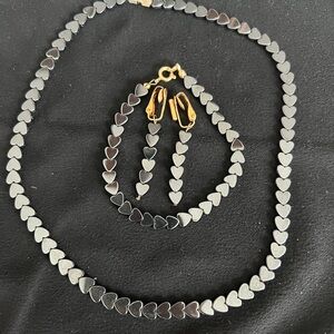 Synthetic Hematite heart necklace set with earrings and bracelet (non-magnetic)